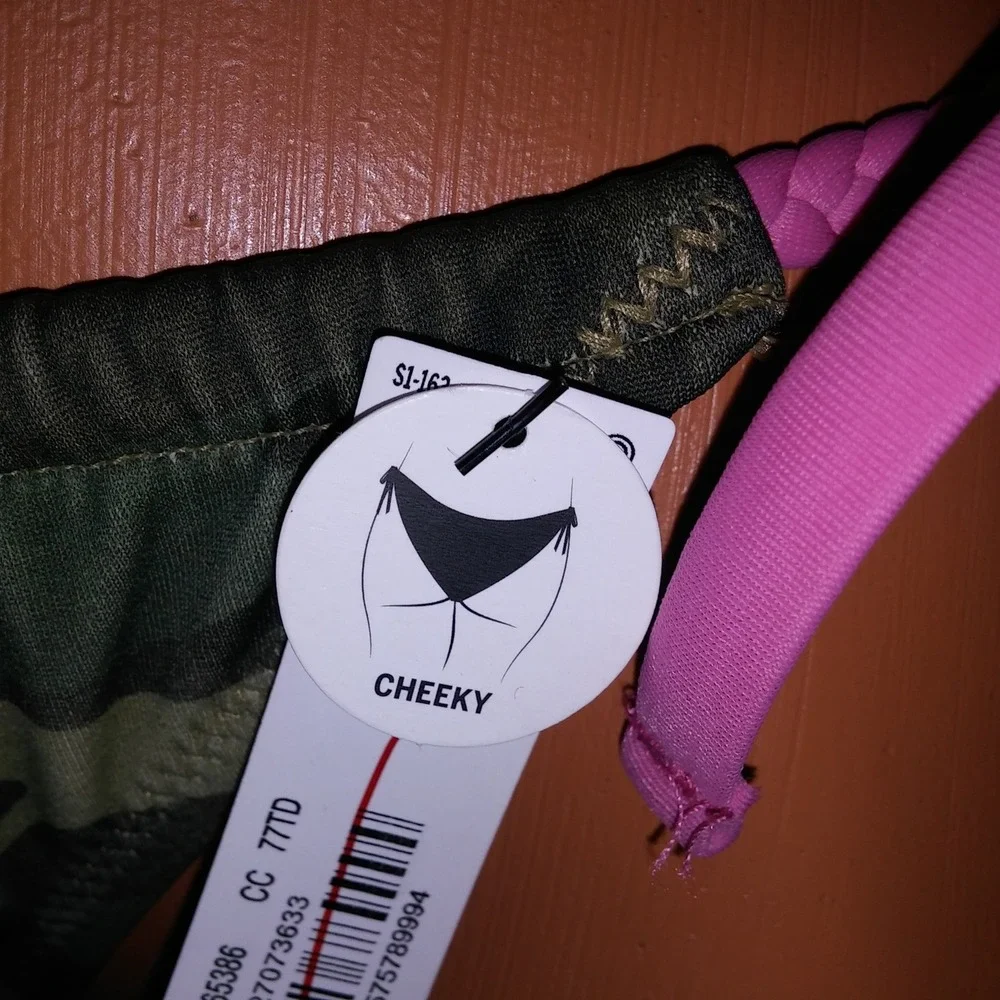 Victoria Secret PINK Swim Bikini Medium Top & Bottom Green Camo String Bandeau